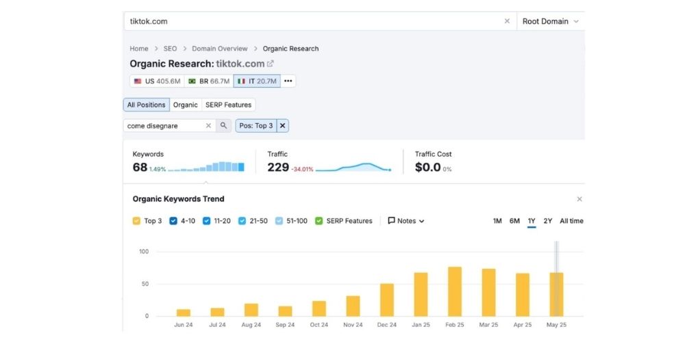 Esempio: Tiktok si posiziona su Google per 68 keyword in top 3 per il cluster "come disegnare"